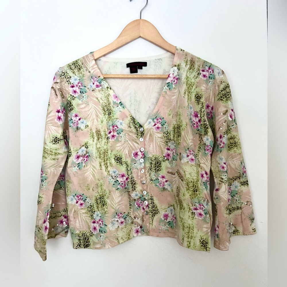 Simon Chang floral sequins sweater top buttons cardigan size medium